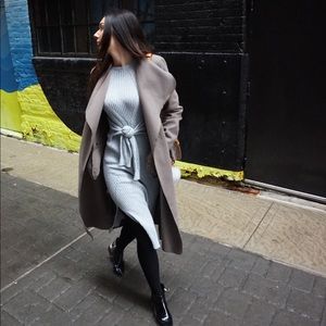 Taupe long coat with tie waist belt